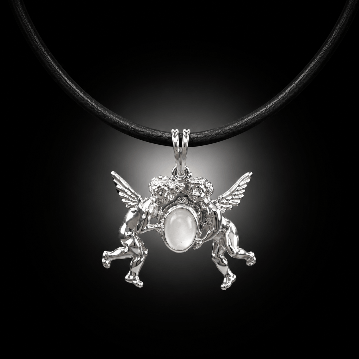 Ciondolo 2 Angeli Takionic Originale con pietra centrale viola e collana in caucciù nero.