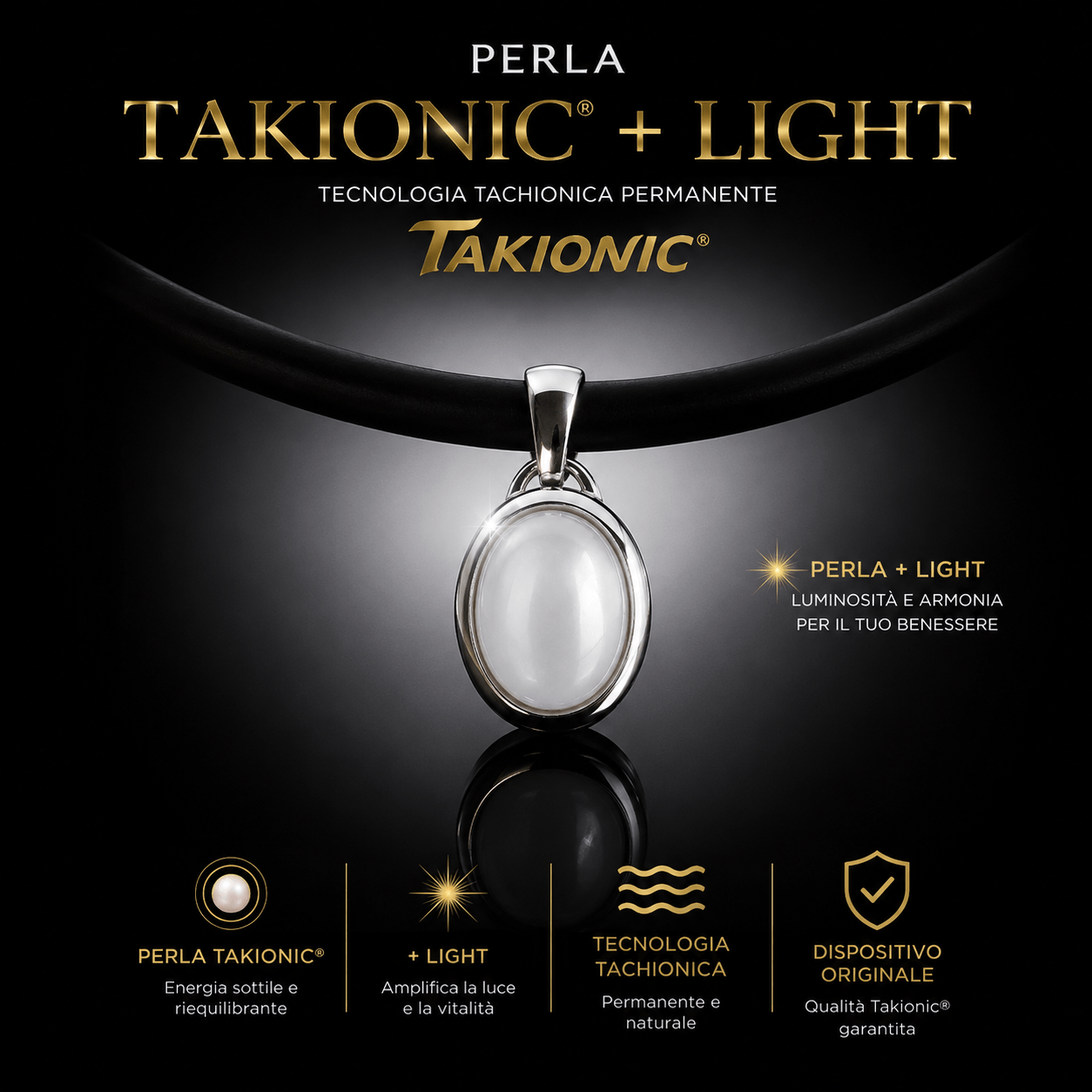 Perla Takionic + Light Originale in castone con tecnologia tachionica permanente, montata su collana in caucciù per il benessere energetico quotidiano.