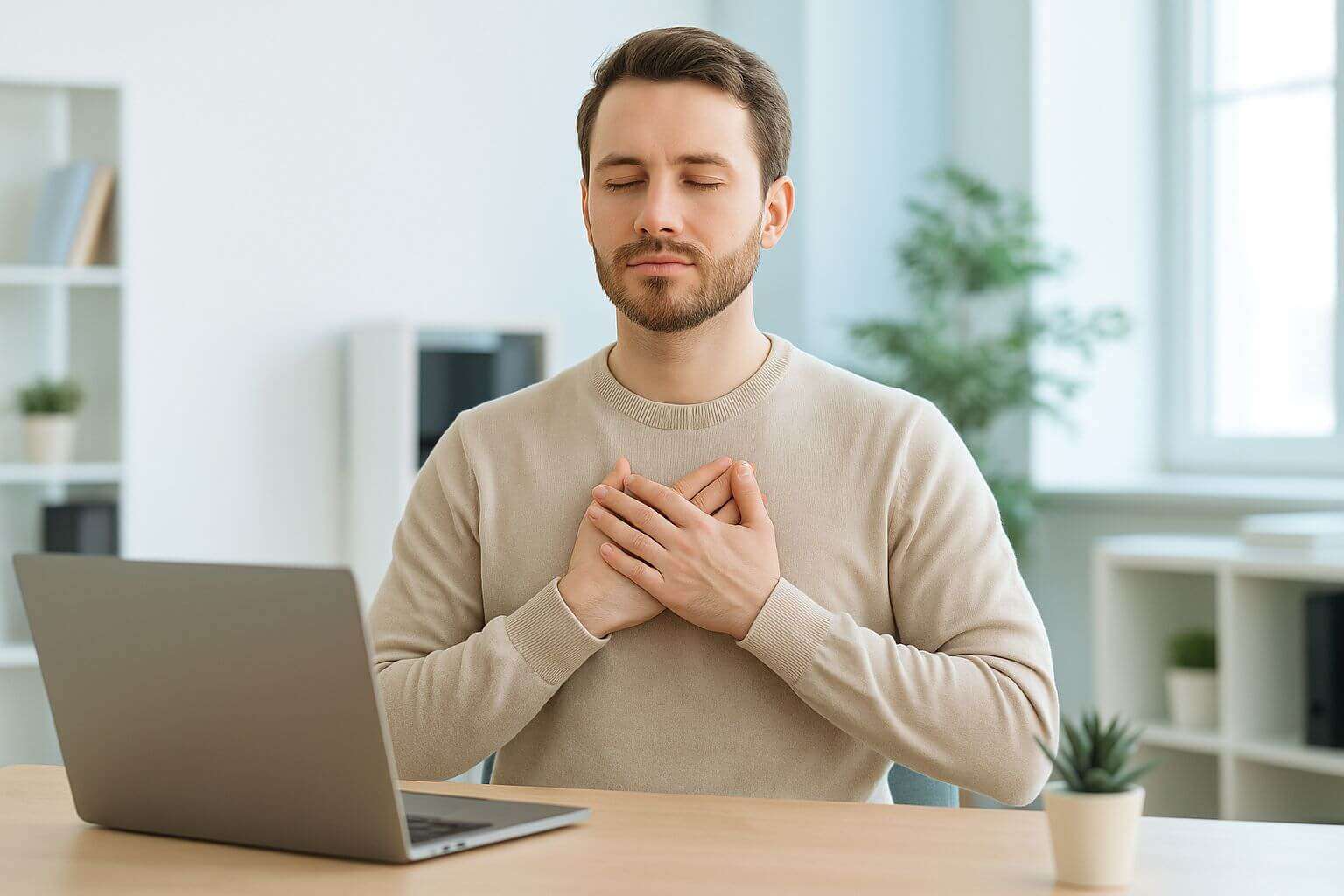 Micropratiche Chakra al PC – 2 Minuti per Ridurre Stress da Schermo Uomo seduto in ufficio moderno con mani sul cuore che pratica micropratica chakra per ridurre stress da schermo davanti al PC, sfondo bianco-celeste luminoso.
