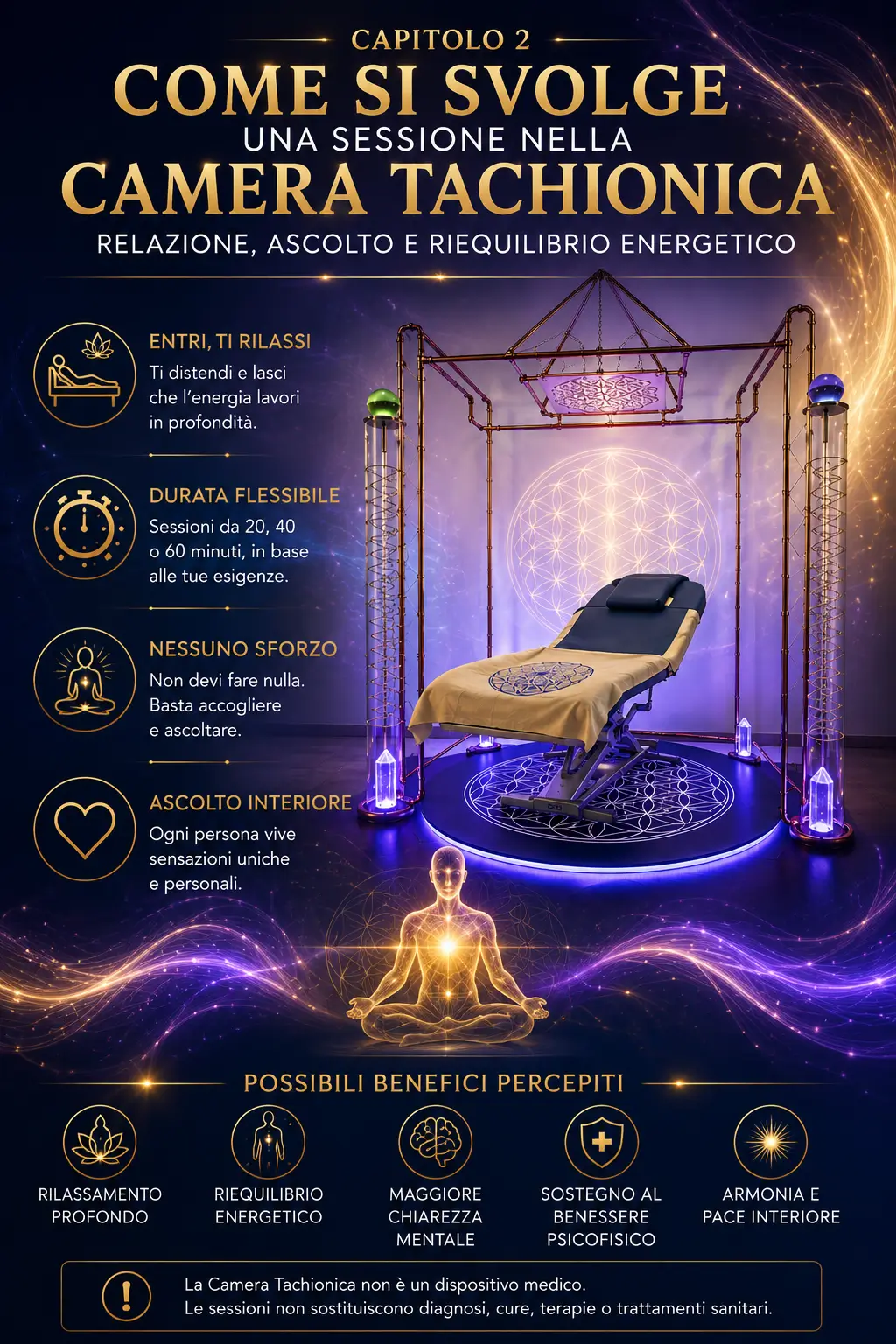 Sessione nella Camera Tachionica con campo energetico e persona in rilassamento