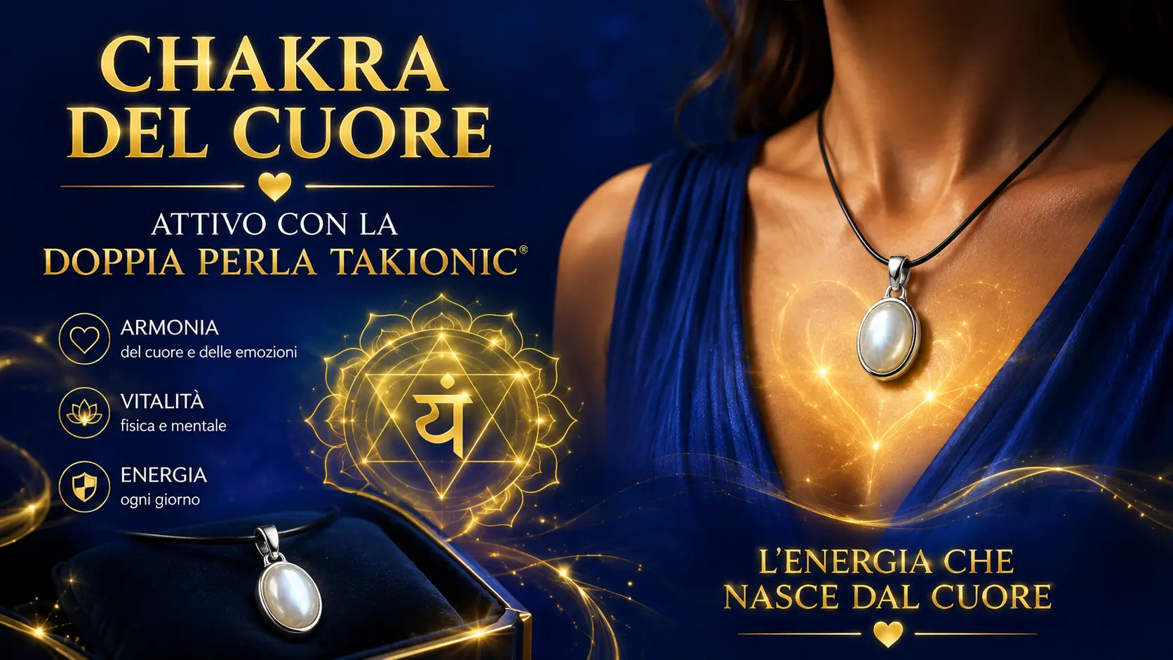 Chakra del Cuore Attivo con la Doppia Perla Takionic® Hero dedicata alla Doppia Perla Takionic® in castone d'argento 925, indossata all'altezza del Chakra del Cuore e presentata come gioiello elegante per armonia, vitalità ed energia quotidiana.