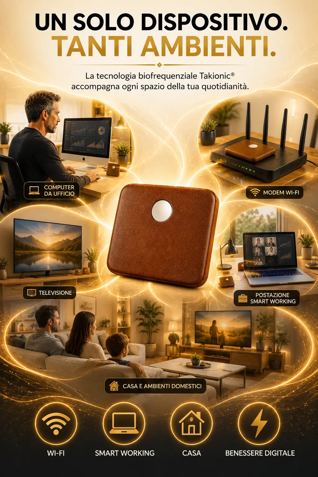 Un Solo Dispositivo. Tanti Ambienti. – Computer Protection Takionic® Immagine premium del Computer Protection Takionic® utilizzato accanto al computer, sul modem Wi-Fi, vicino al televisore e negli ambienti domestici e di smart working per armonizzare gli spazi digitali.