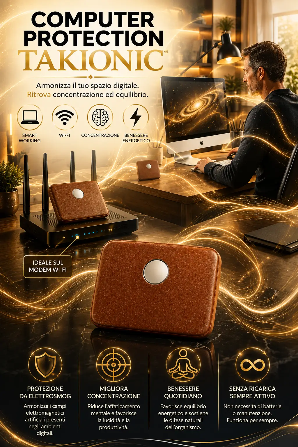 Computer Protection Takionic® – Protezione Biofrequenziale per PC e Wi-Fi Immagine verticale del Computer Protection Takionic® applicato accanto al computer e sopra un modem Wi-Fi per armonizzare l'ambiente digitale e favorire concentrazione, equilibrio e benessere quotidiano.