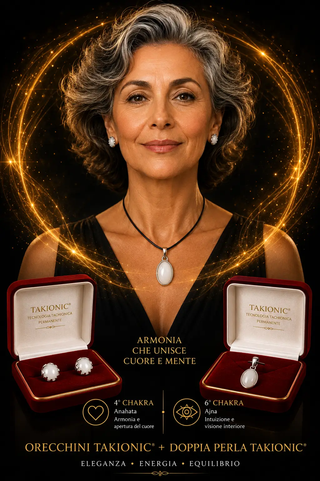 Donna con capelli brizzolati che indossa gli Orecchini Takionic® Originali e la Doppia Perla Takionic® Originale. In basso due eleganti cofanetti con i gioielli originali e un'aura luminosa che richiama armonia, energia e benessere.