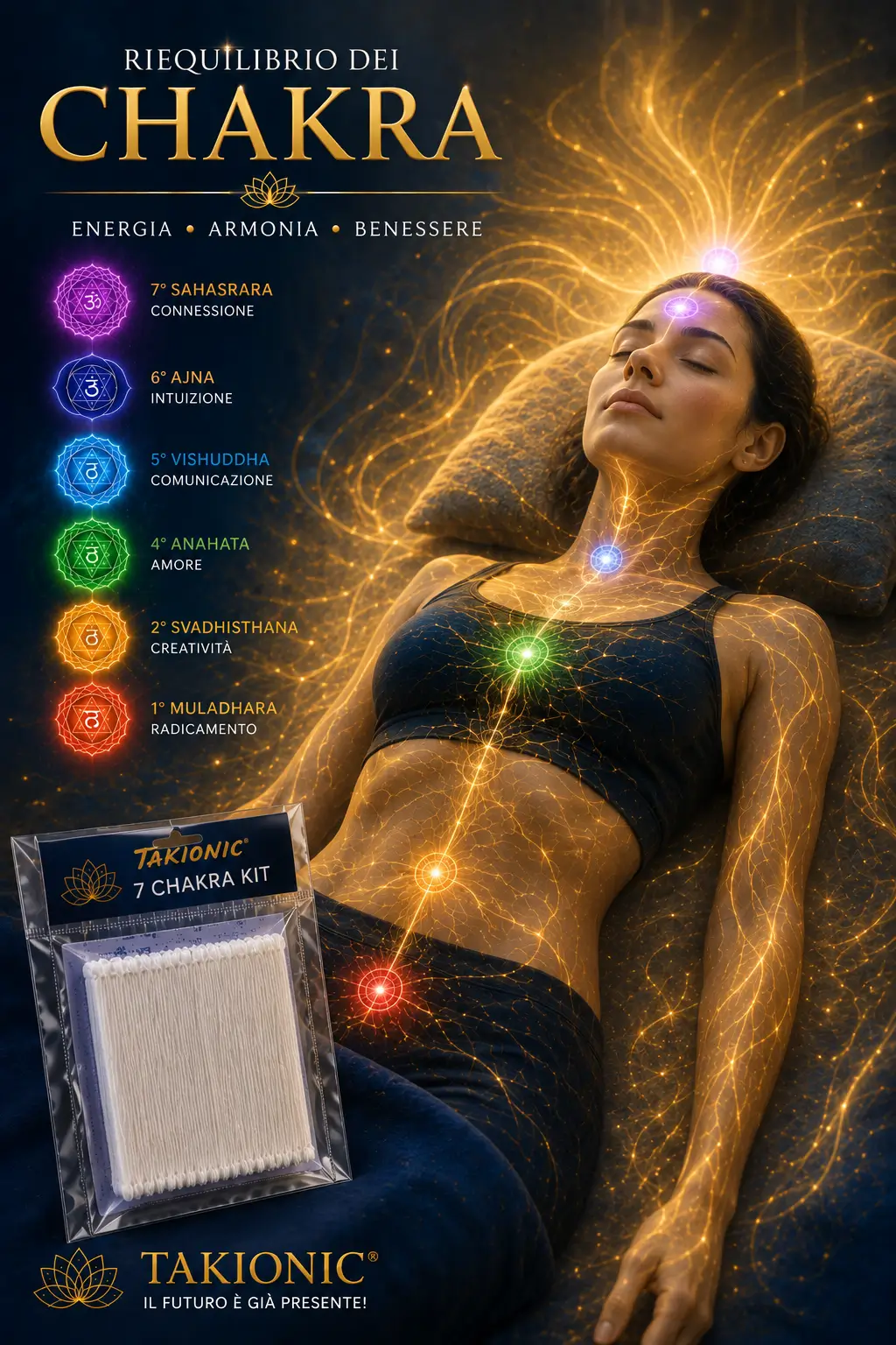 Riequilibrio dei Chakra e Nadi con il 7 Chakra Kit Takionic® Donna rilassata circondata da una rete luminosa che richiama i nadi e il flusso dell'energia, con il 7 Chakra Kit Takionic® e i simboli dei sette chakra, immagine dedicata al riequilibrio energetico.
